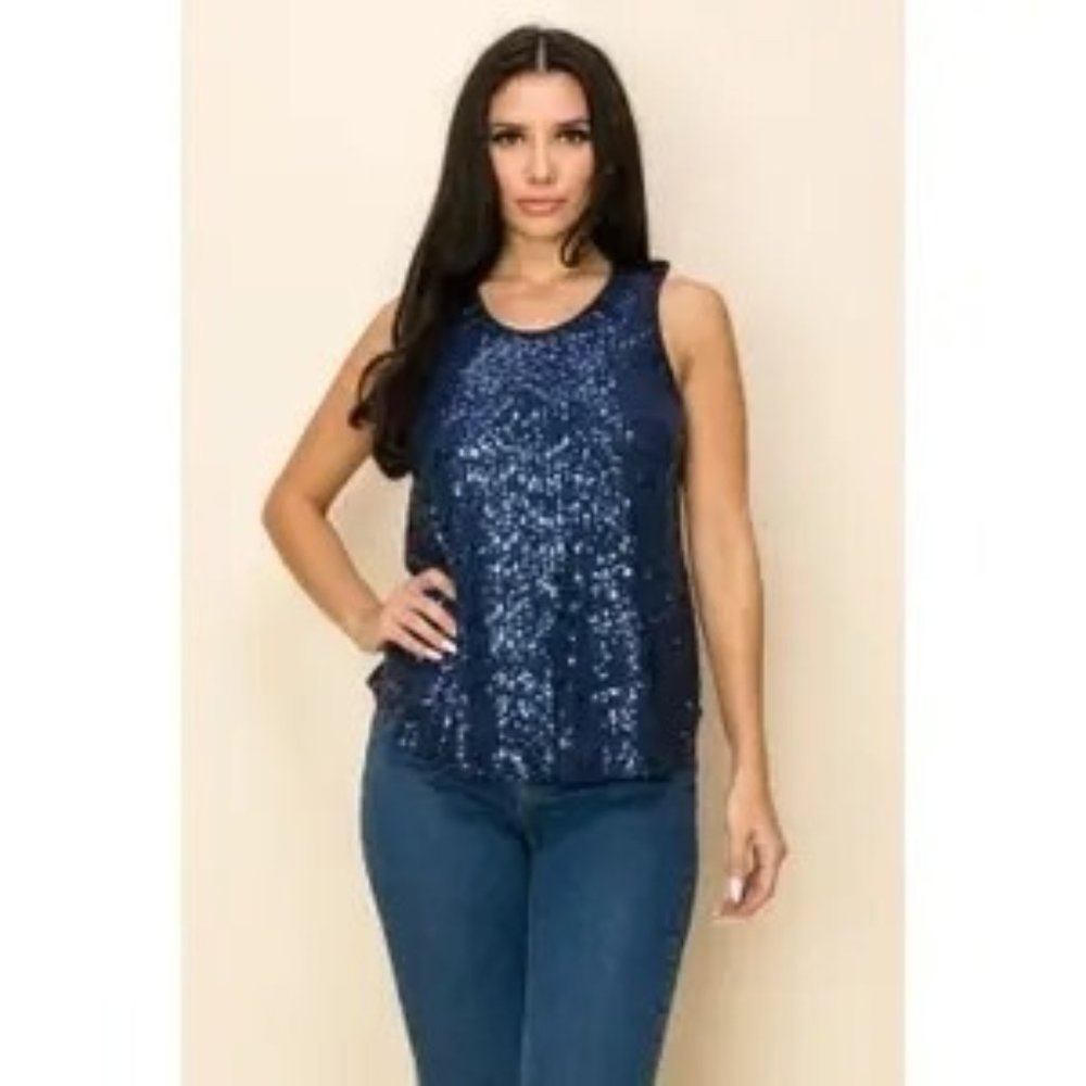 Banana Republic Women Sequin Tank Top Scoop Neck Sleeveless Navy Blue SZ X Small